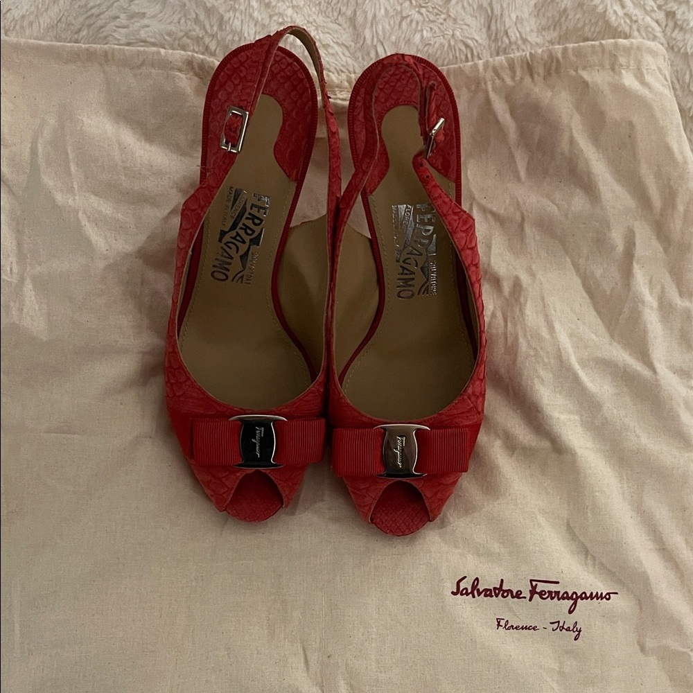 Salvatore Ferragamo Red Peep-Toe Varina Heels